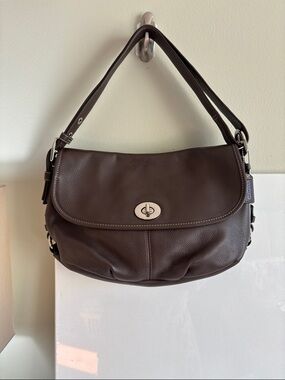 Coach Dark Brown Pebble Leather Turnlock Shoulder Bag